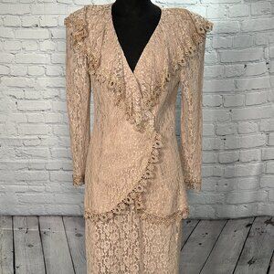 Vintage Cachet Nude Lace Skirt Suit 80s Cottagecore Ruffle Wedding XS/S